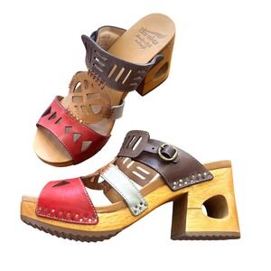70s Style Dansko Brazil Wooden Clogs Sandals Red Brown Leather Cutout Heel 41